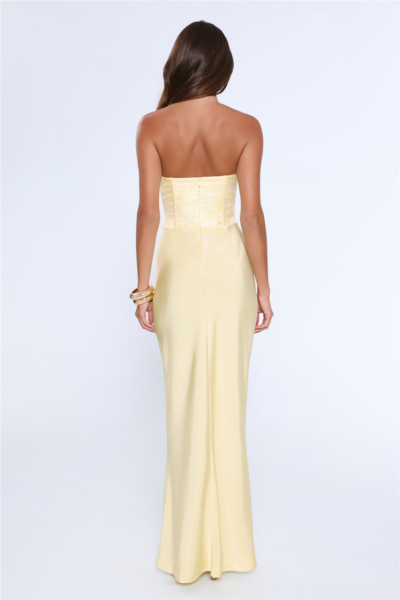 Dressed To Dazzle Strapless Satin Maxi Dress Yellow