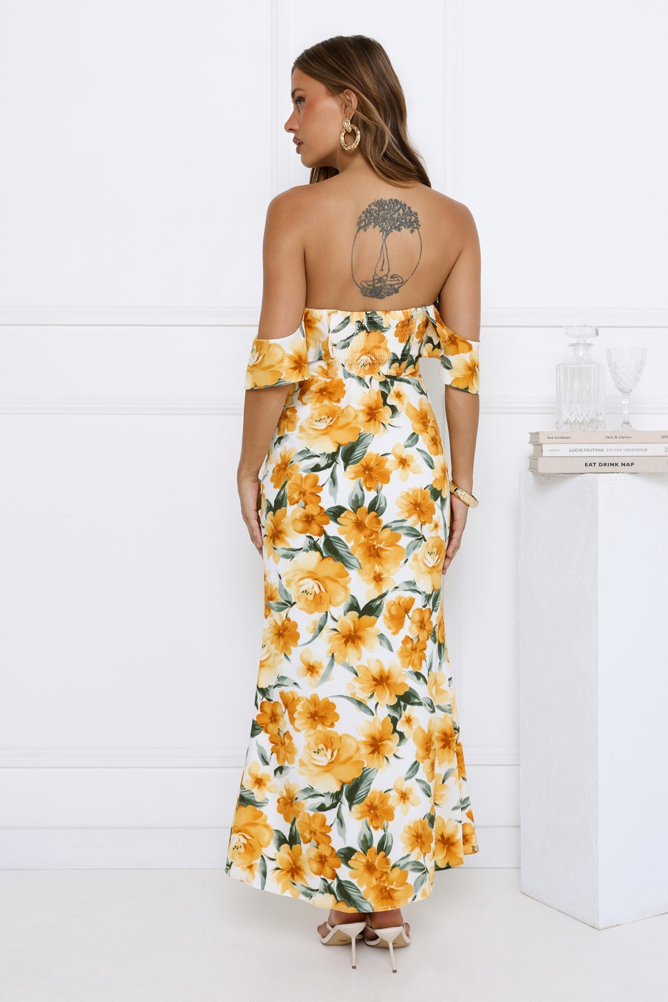 Sunflowers Off Shoulder Midi Dress Yellow