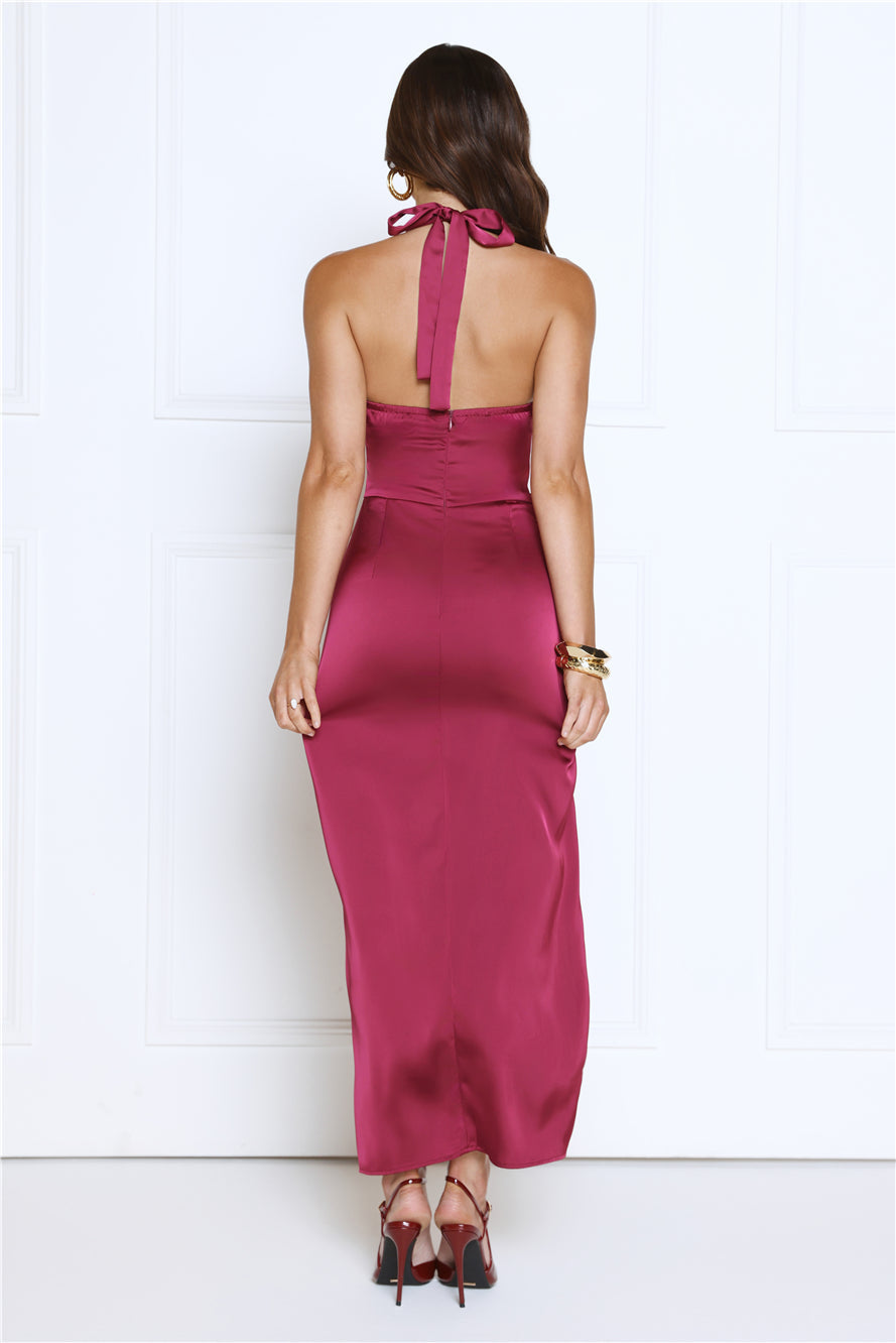 Dreamy And Sophisticated Satin Halter Midi Dress Wine