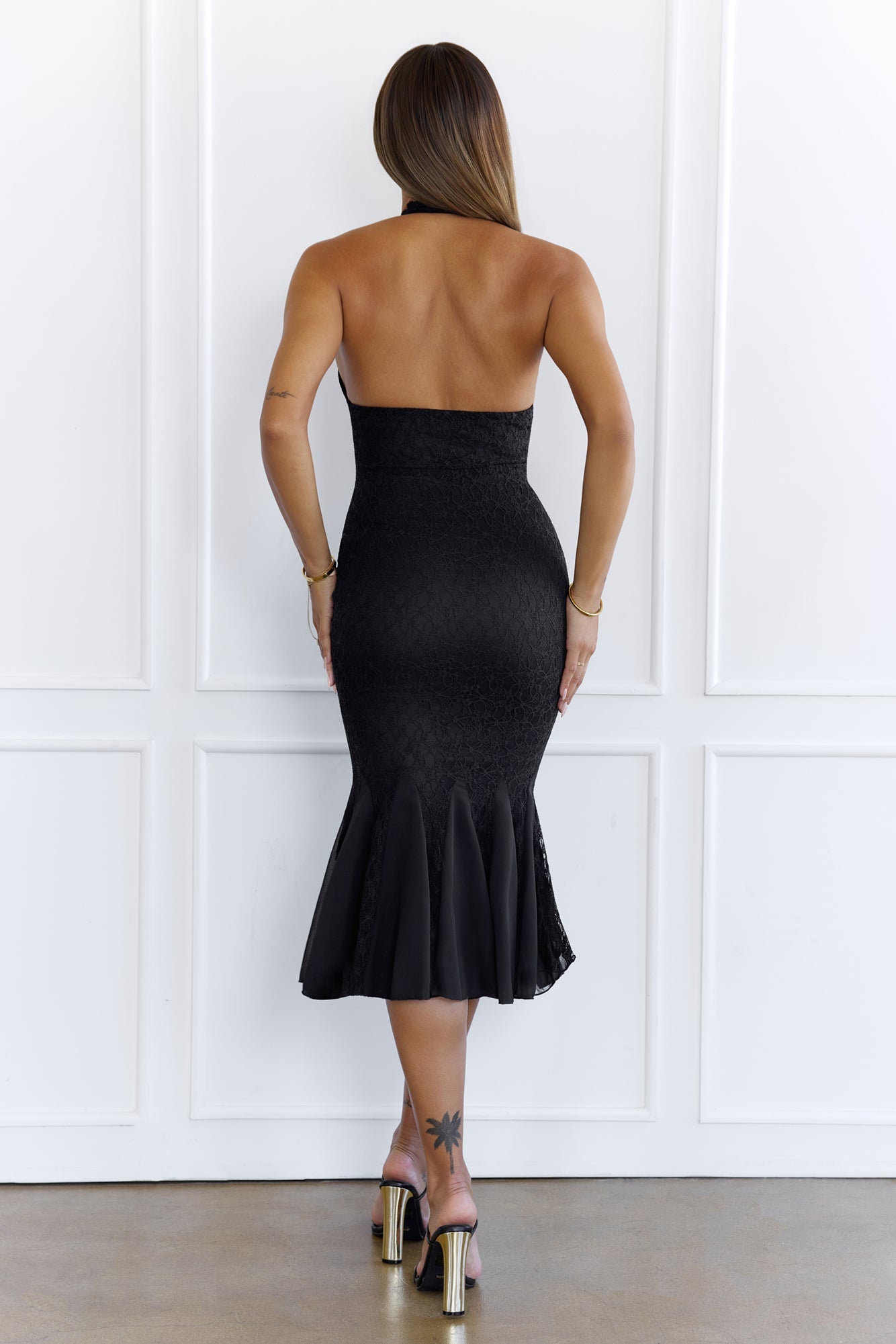 Sultry Muse Lace Halter Mermaid Midi Dress Black