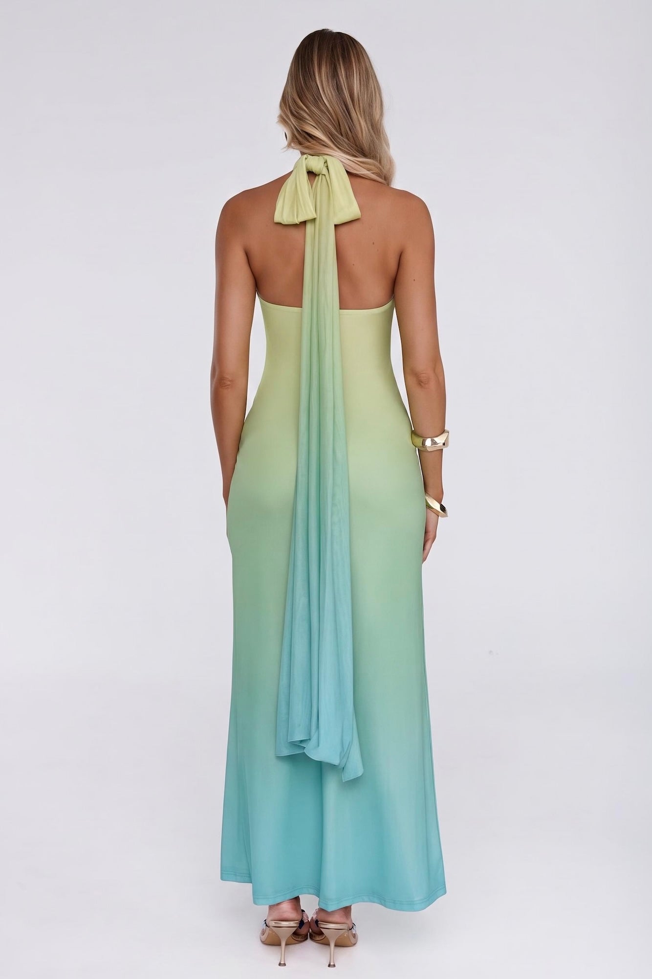 Softly Falling Mesh Halter Maxi Dress Aqua