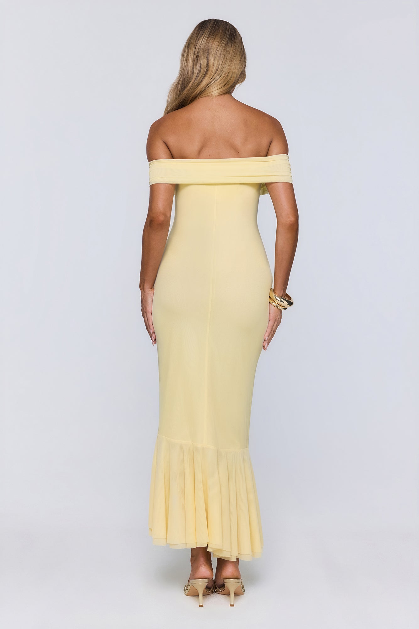 Daily Glow Off Shoulder Mesh Midi Dress Yellow