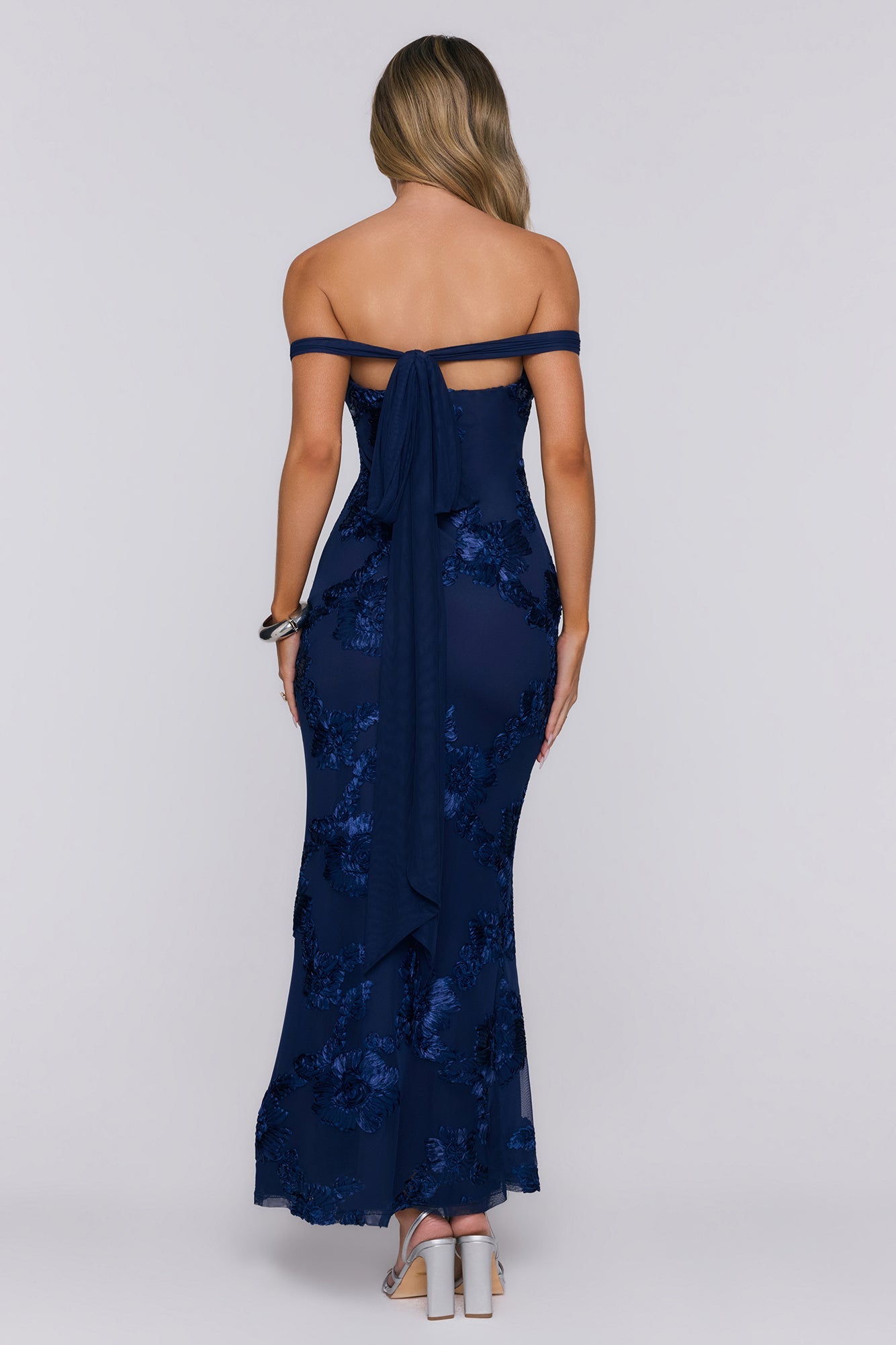 Lush Bloom Embroidered Off Shoulder Maxi Dress Navy