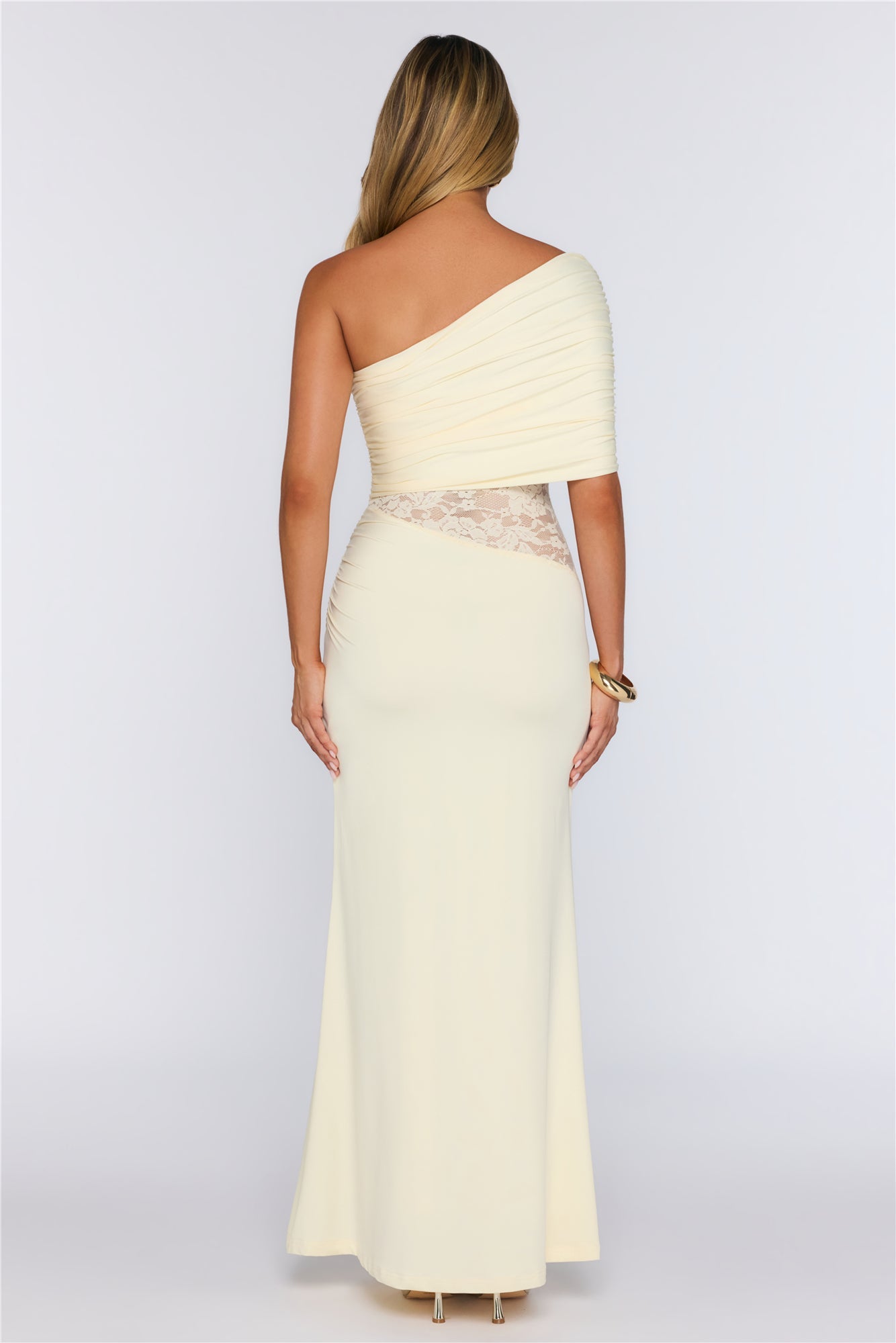 Soft Radiance Lace One Shoulder Maxi Dress Yellow