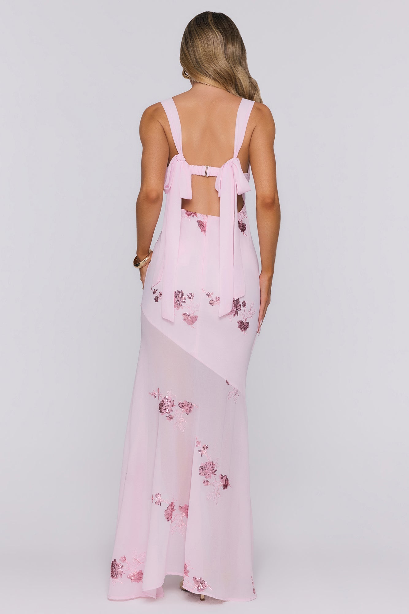 Flirty Sequin Embroidered High-Low Maxi Dress Pink