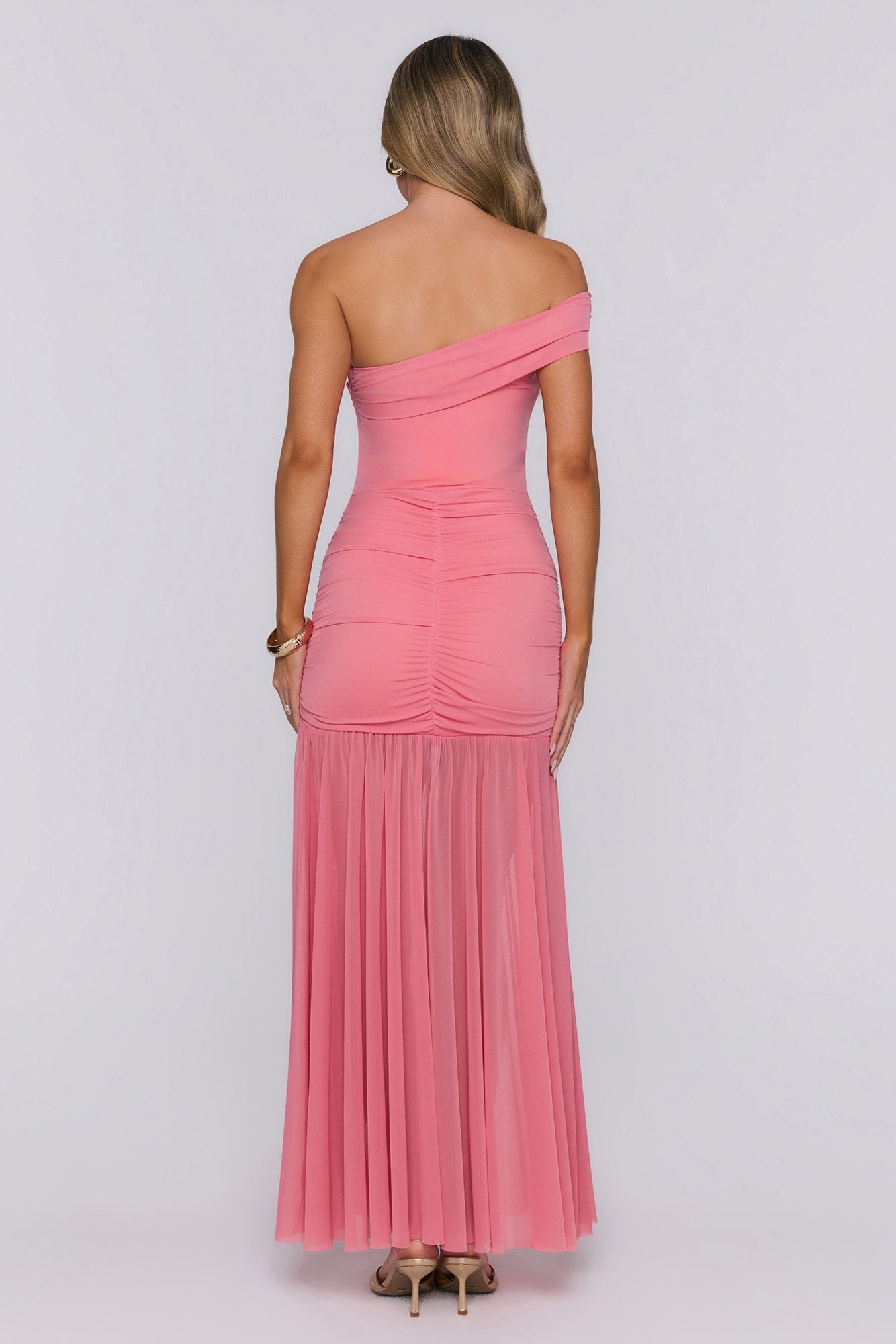 Moonlit Whisper One Shoulder Mesh Maxi Dress Pink