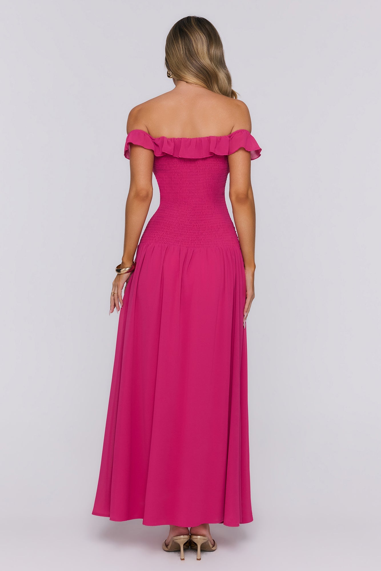 Dewy Glow Off Shoulder Maxi Dress Magenta
