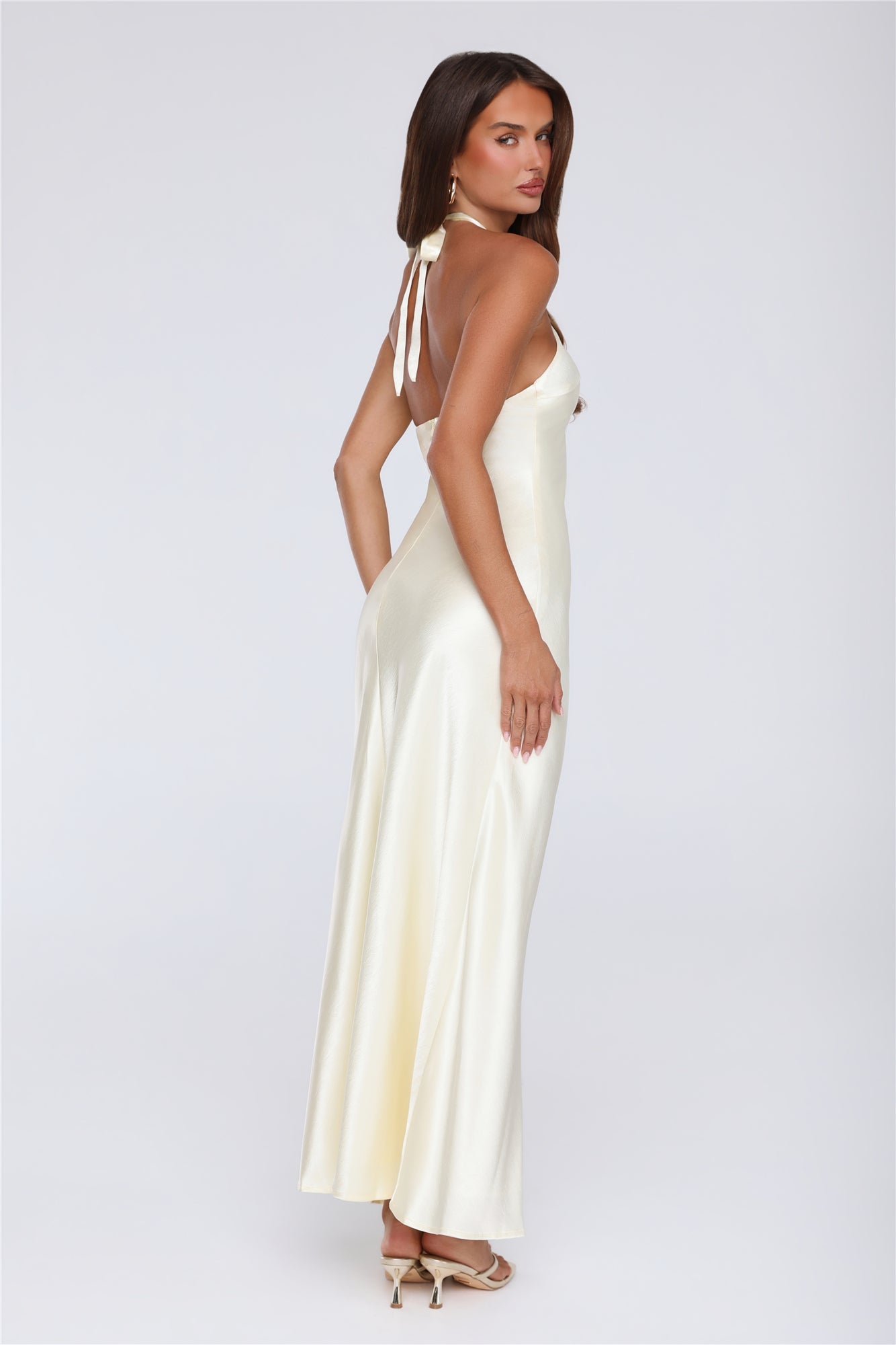 Sleek Halter Neck Cutout Satin Maxi Dress Yellow