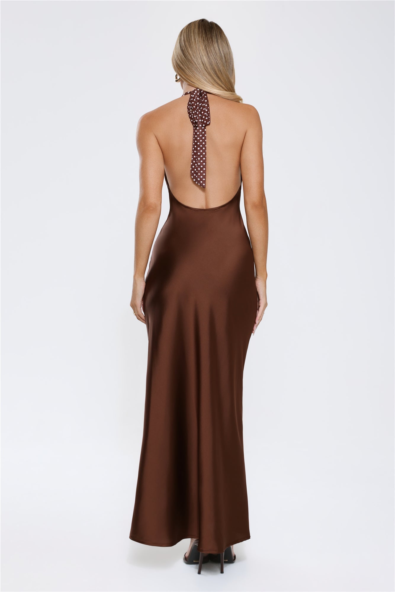 Wardrobe Defined Halter Satin Maxi Dress Brown
