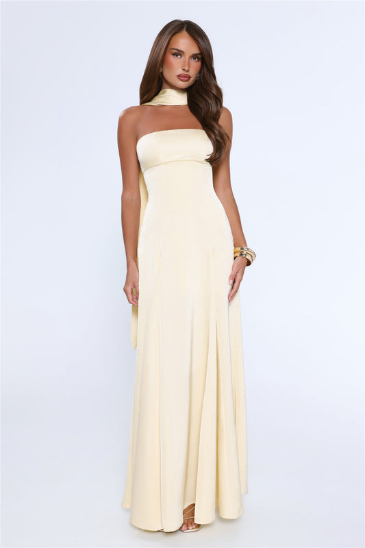 Satin Tempt Strapless Maxi Dress Lemon