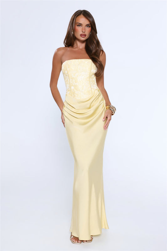 Dressed To Dazzle Strapless Satin Maxi Dress Yellow