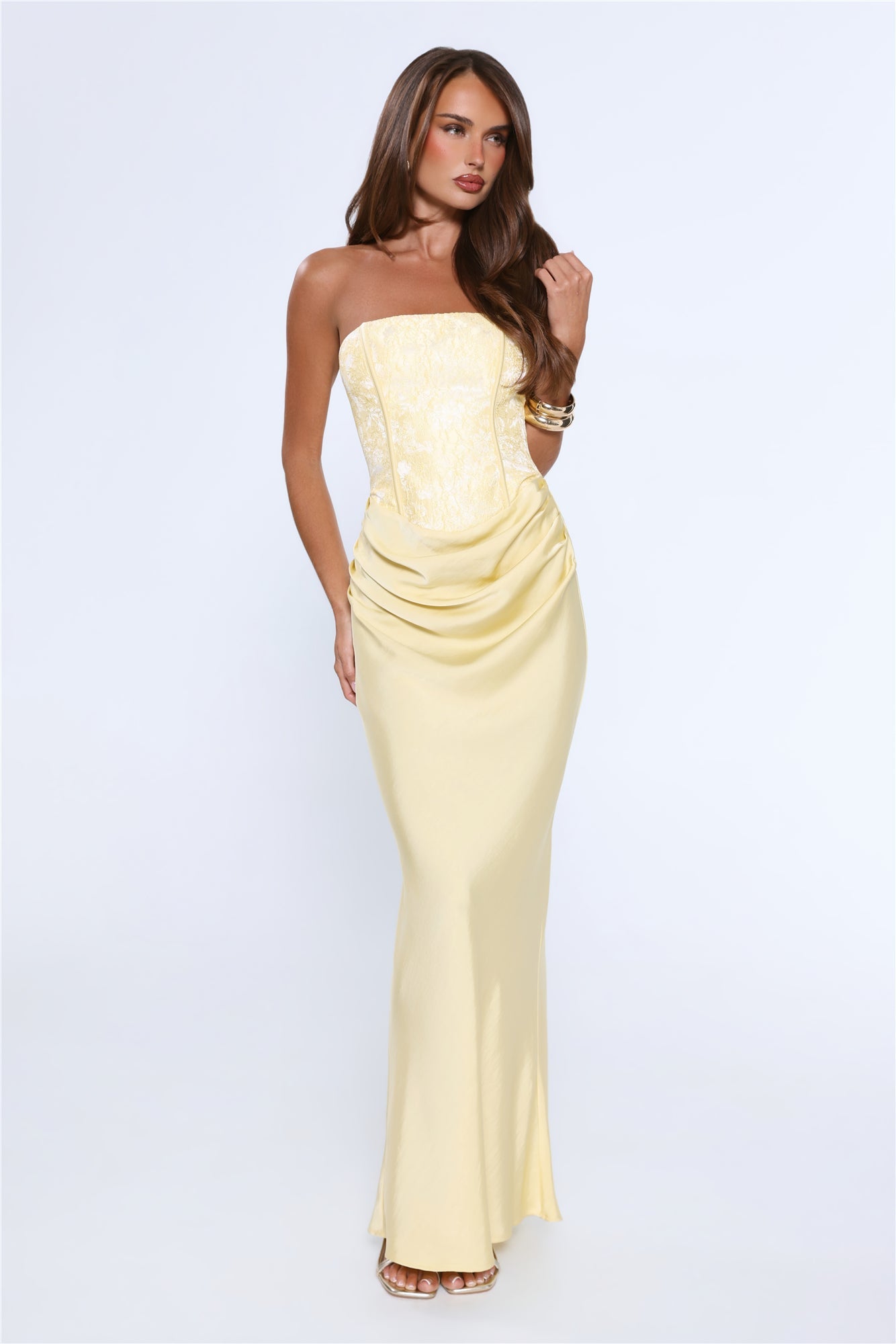 Dressed To Dazzle Strapless Satin Maxi Dress Yellow