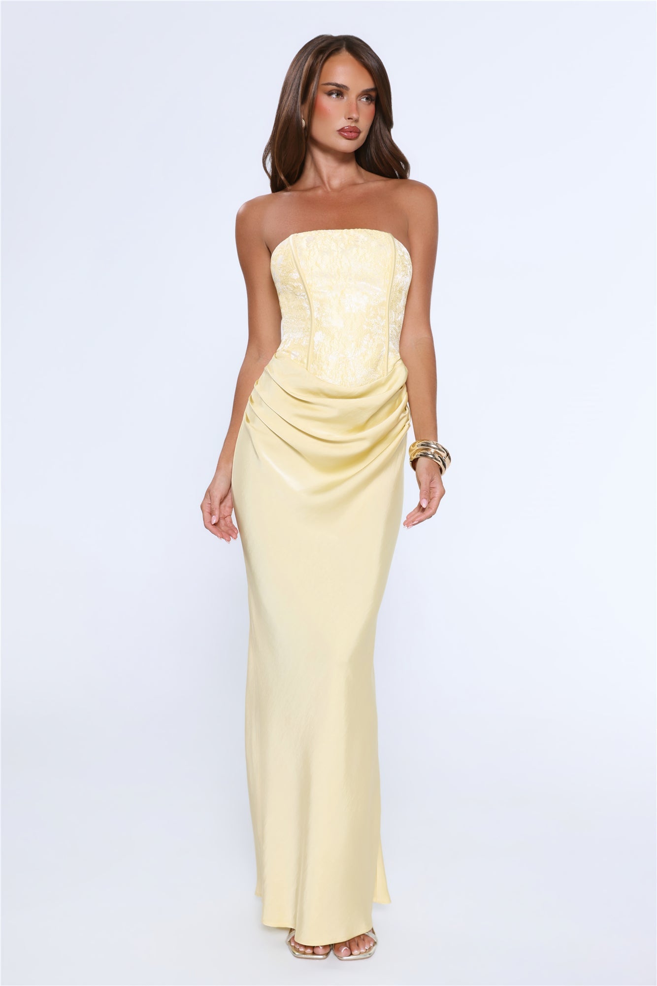 Dressed To Dazzle Strapless Satin Maxi Dress Yellow