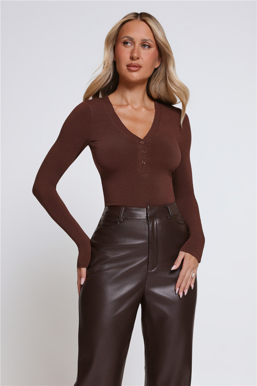 BASE Form Luxe Knit V Neck Long Sleeve Top Chocolate