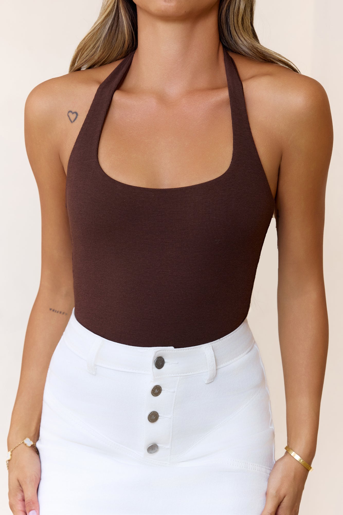 BASE Luxe Rib Simple Silhouette Halter Top Chocolate