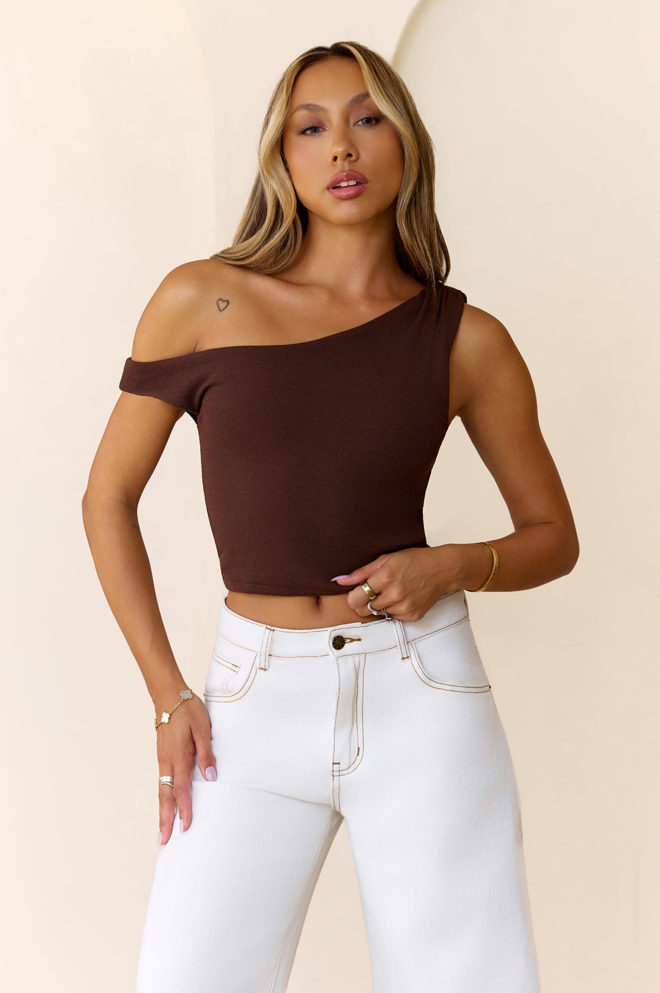 BASE Luxe Rib Luxe Line Off Shoulder Top Chocolate