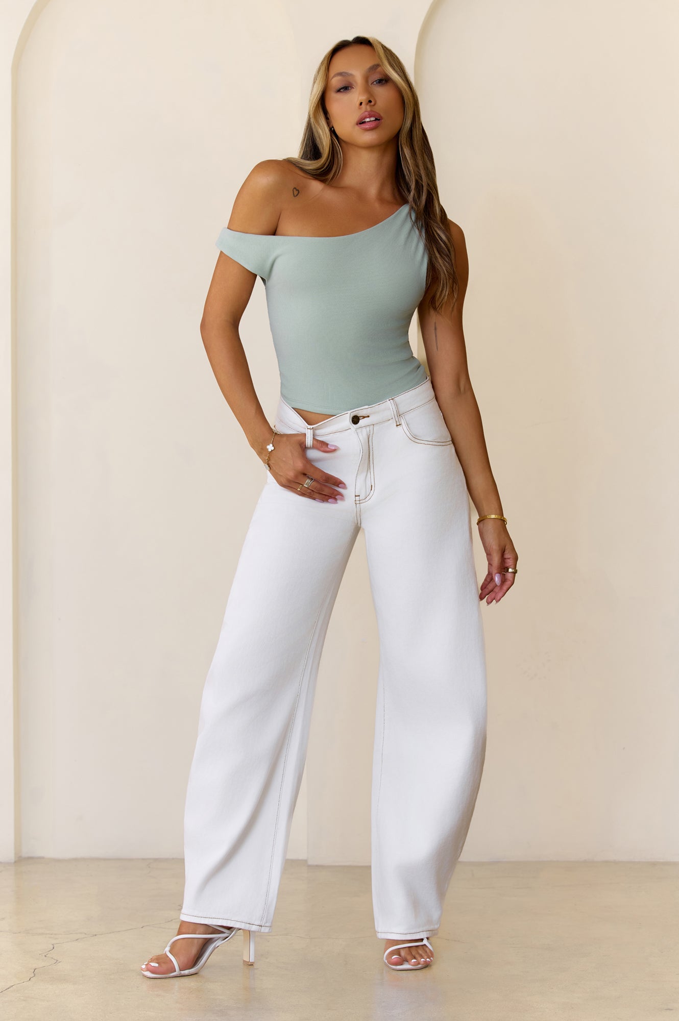 BASE Luxe Rib Luxe Line Off Shoulder Top Sage
