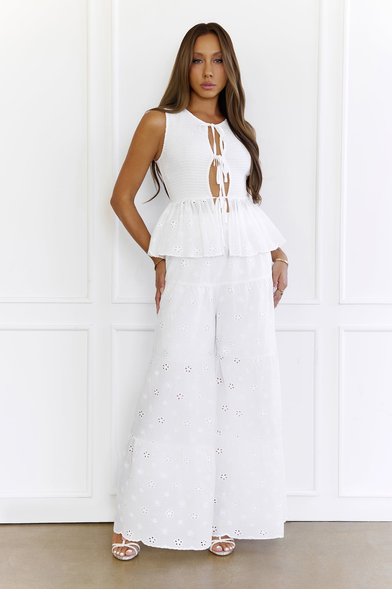 Effortless Chic Eyelet Tie-Front Smocked Set White
