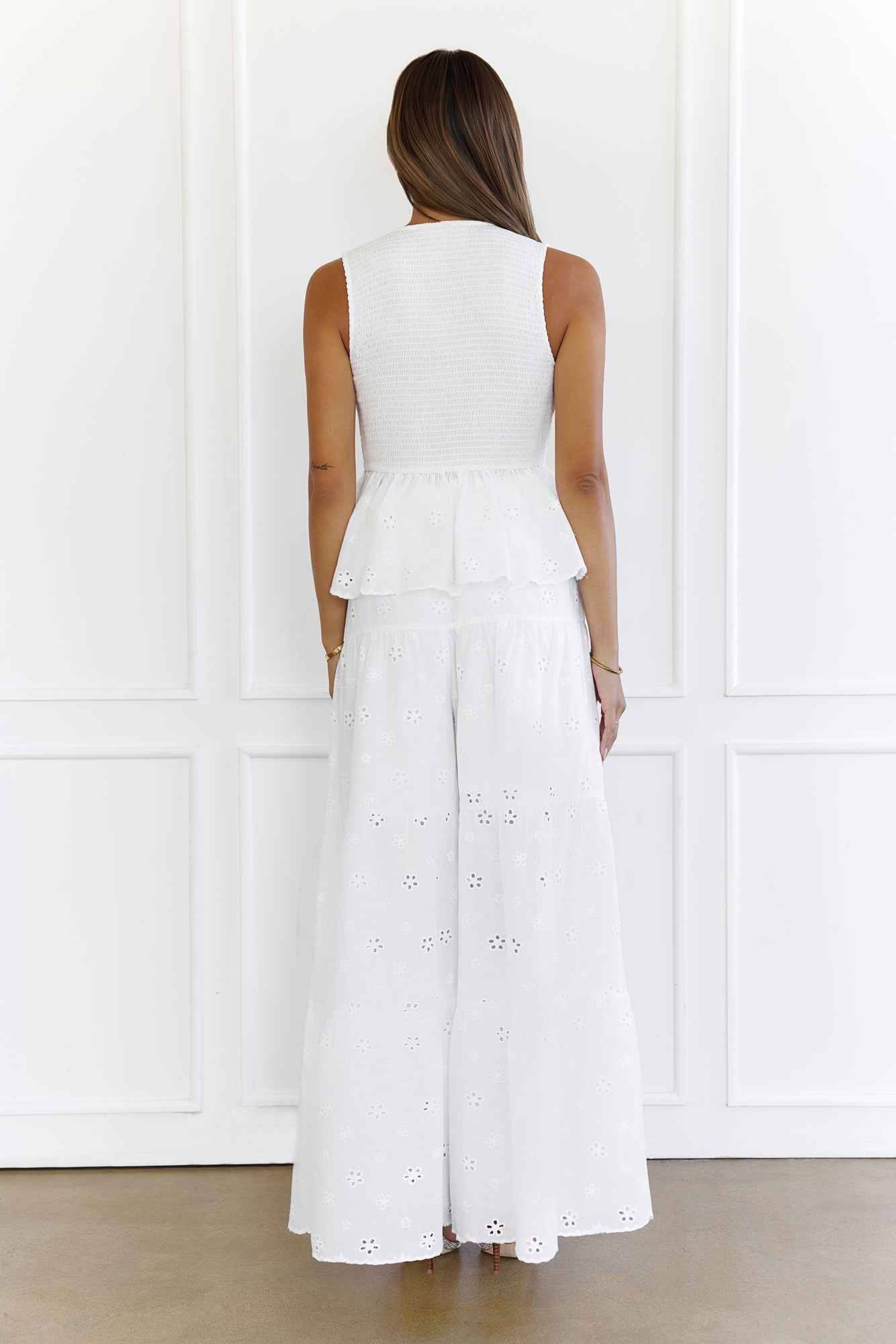 Effortless Chic Eyelet Tie-Front Smocked Set White