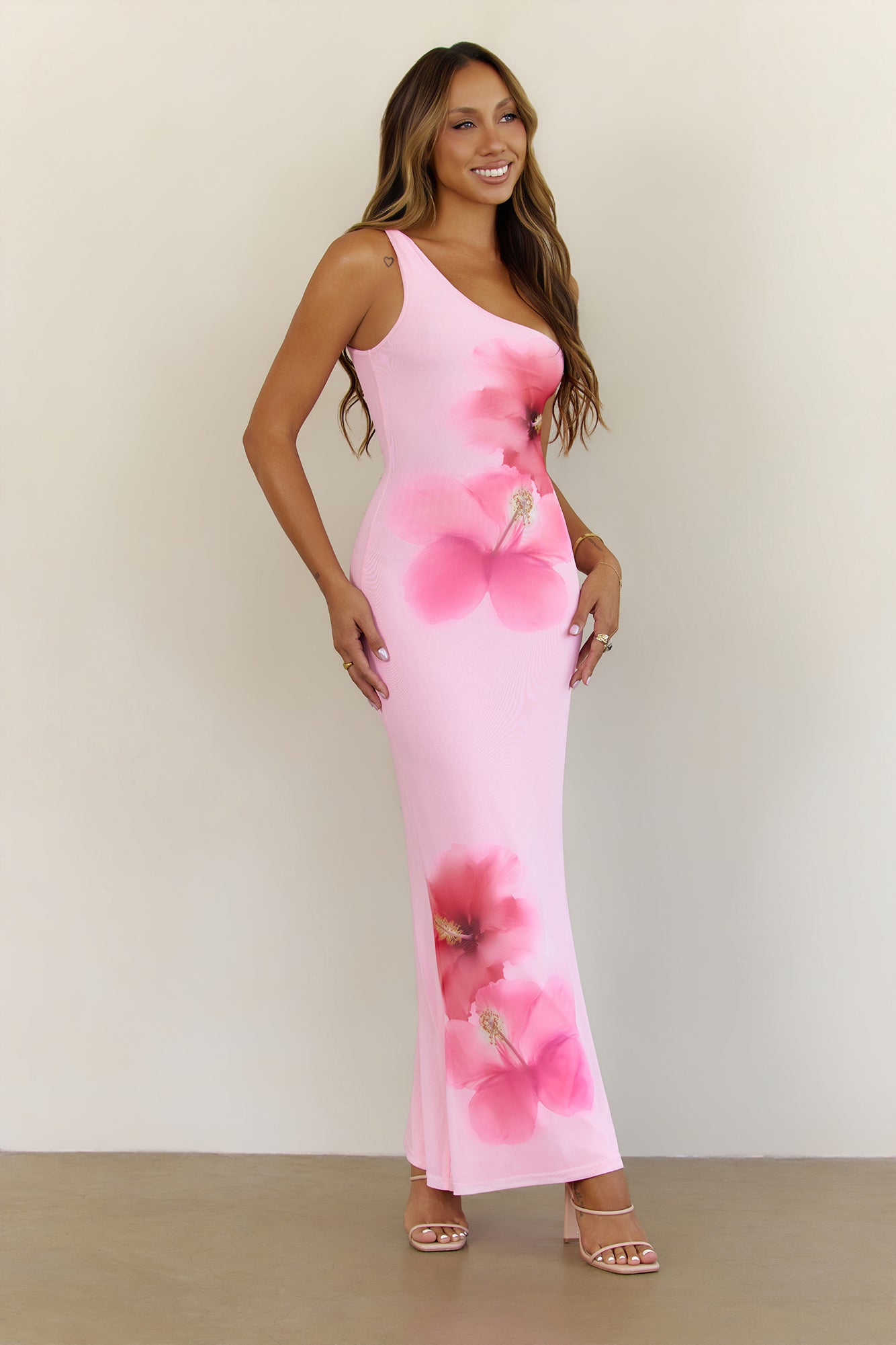 Hibiscus Aura Mesh One Shoulder Maxi Dress Pink