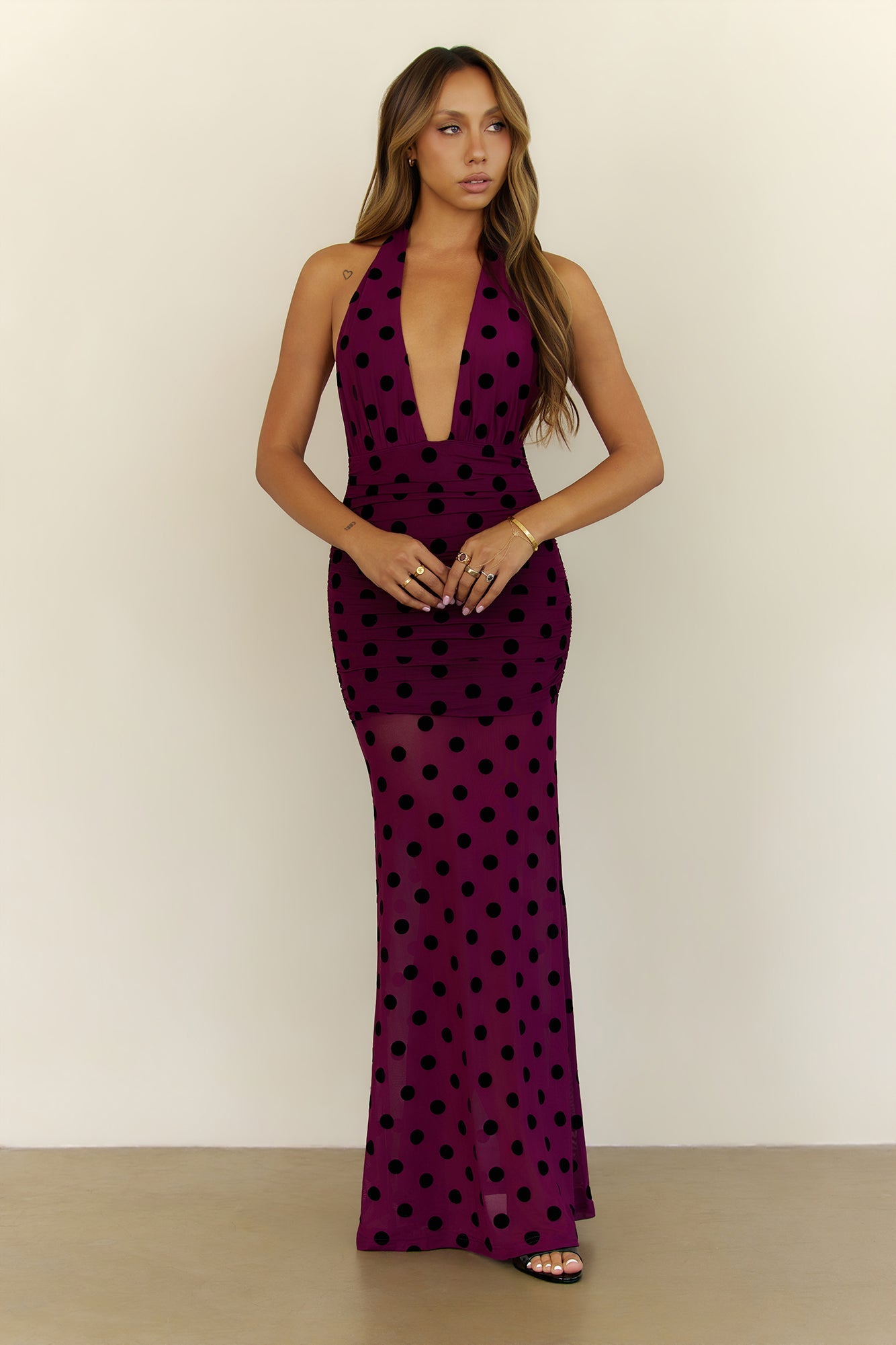 Dancefloor Diaries Halter Polka Dot Maxi Dress Plum