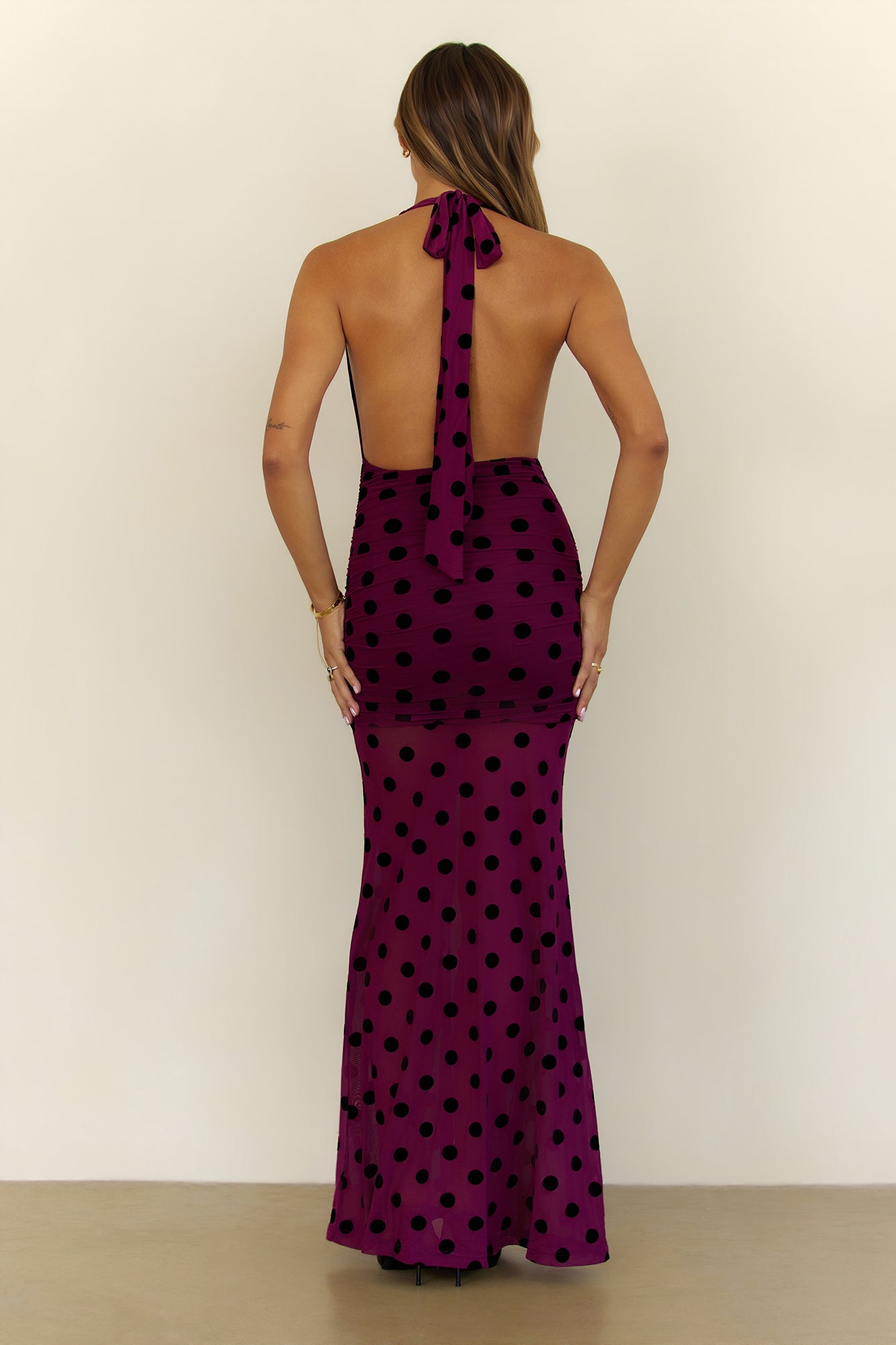 Dancefloor Diaries Halter Polka Dot Maxi Dress Plum