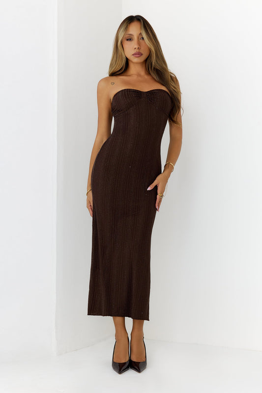 Girl Of Sultry Diamante Strapless Midi Dress Brown