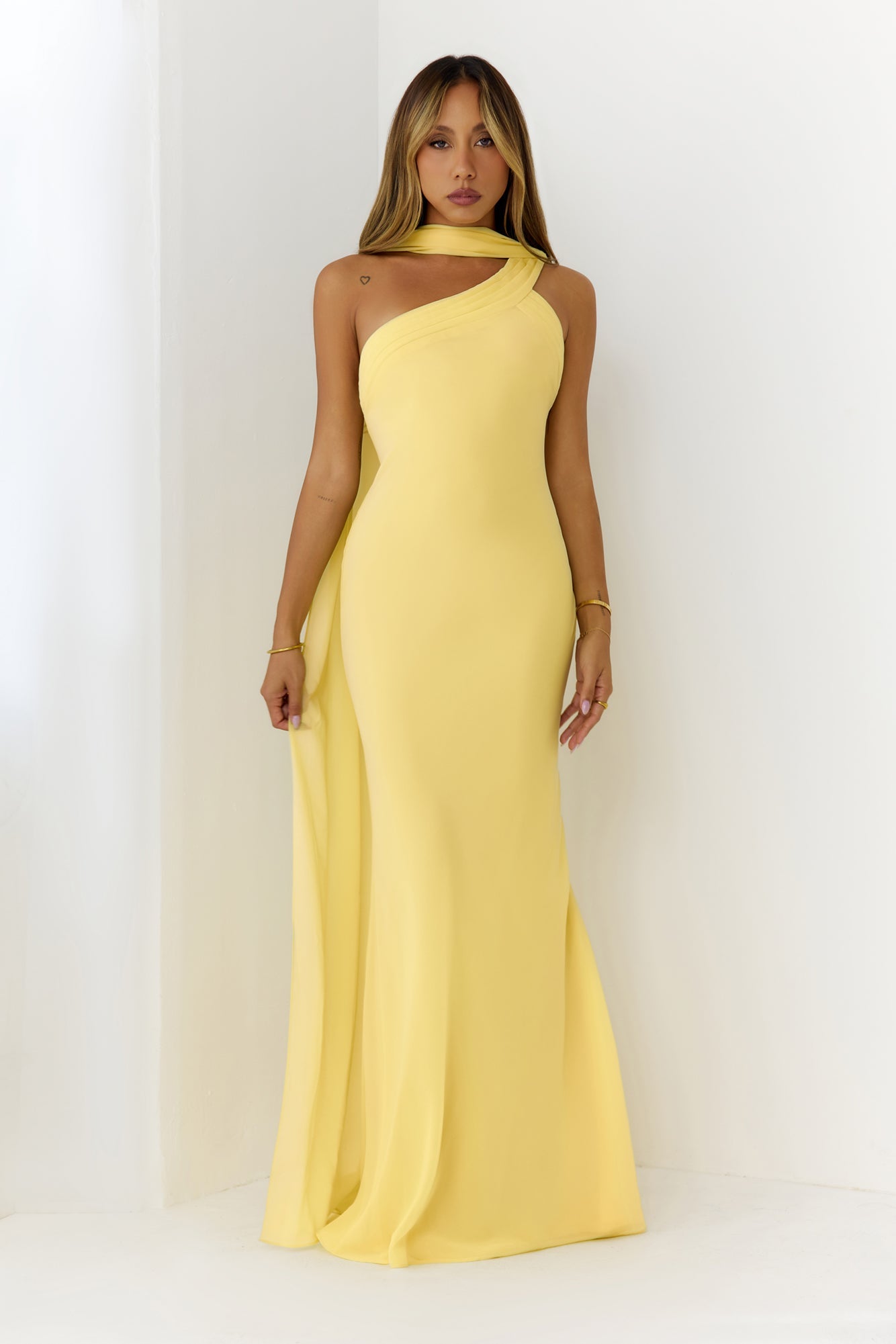 Sultry Drape One Shoulder Maxi Dress Yellow