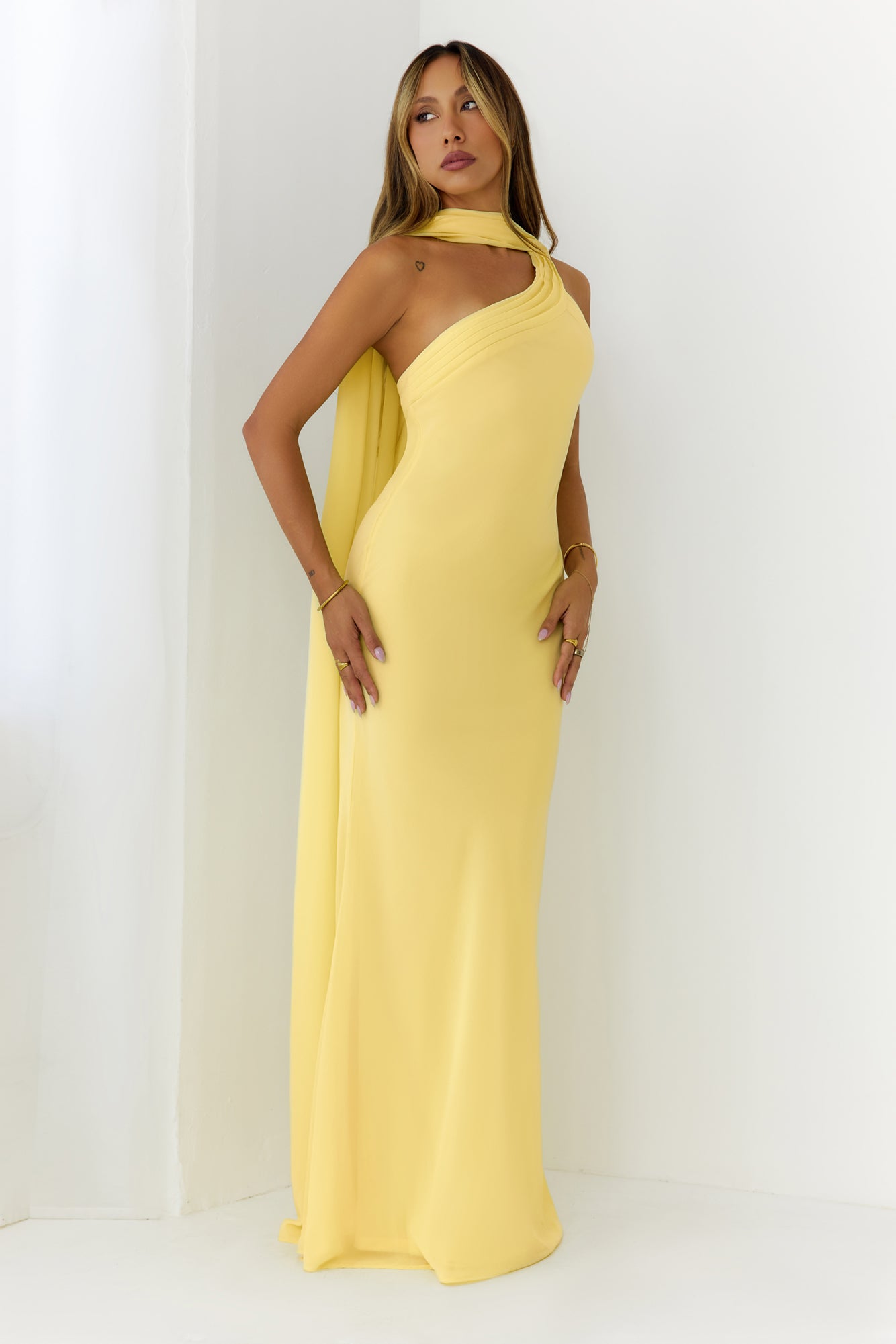 Sultry Drape One Shoulder Maxi Dress Yellow