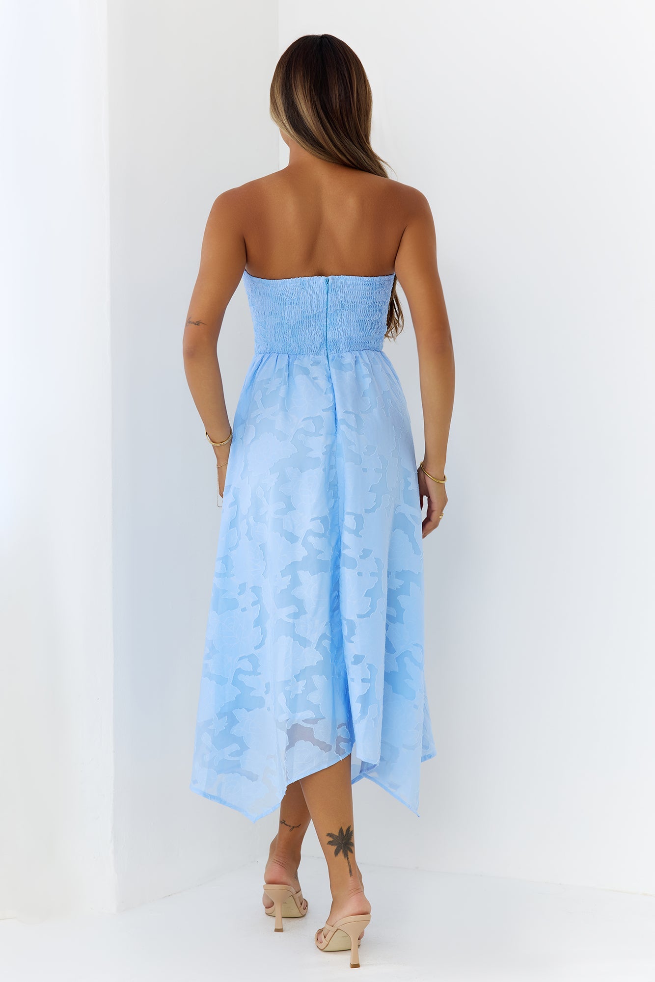 Charming Bow Textured Strapless Midi Dress Blue