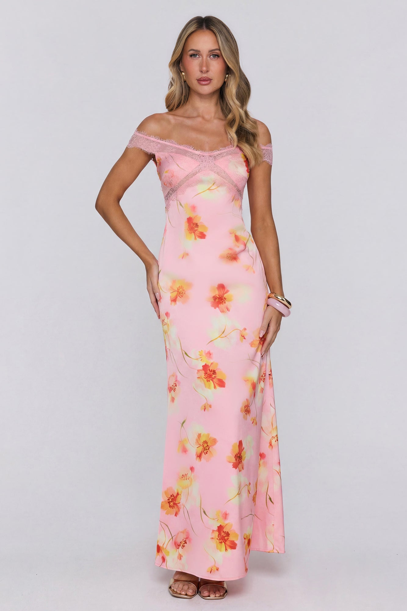 Glowique Satin Lace Maxi Dress Peach