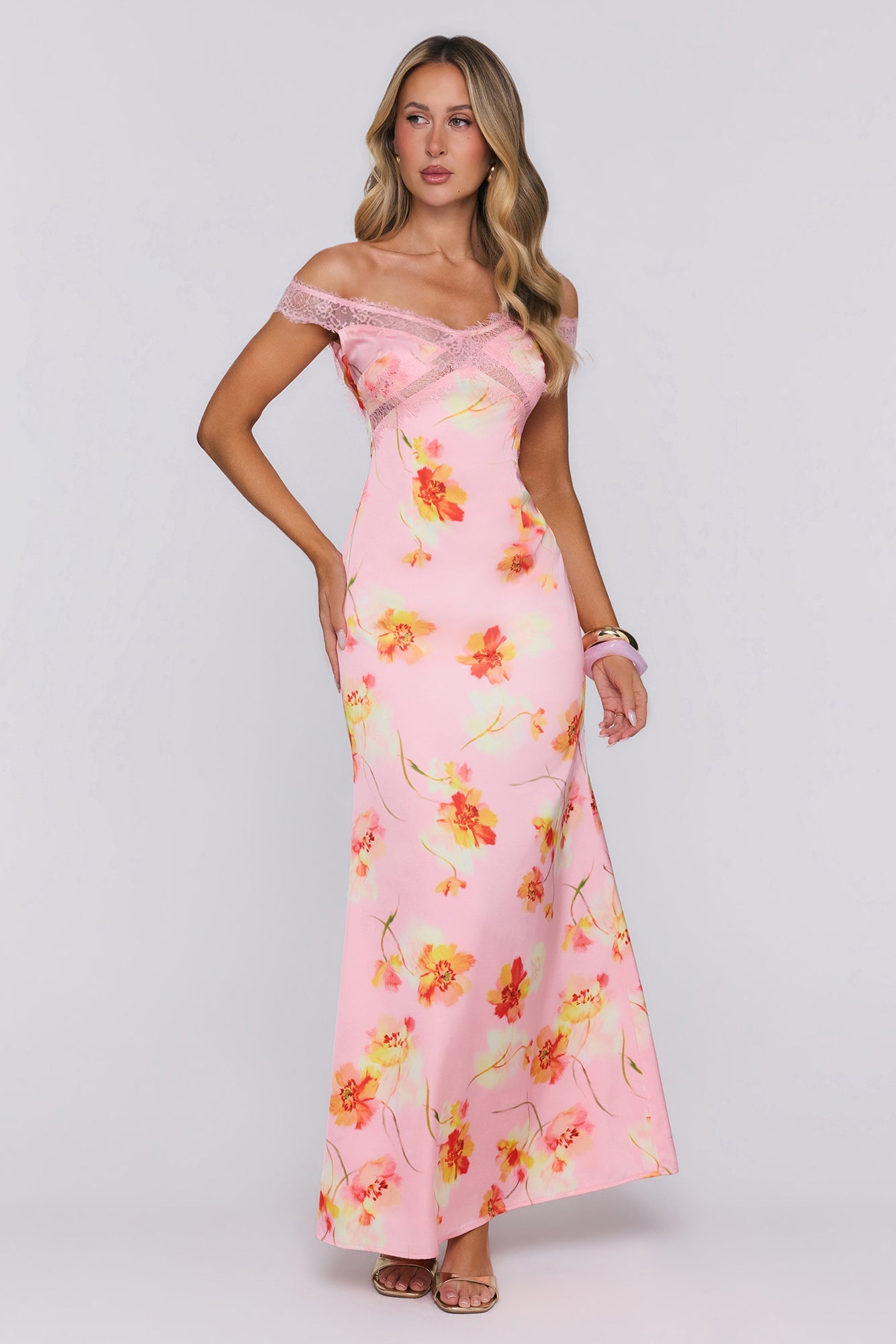 Glowique Satin Lace Maxi Dress Peach