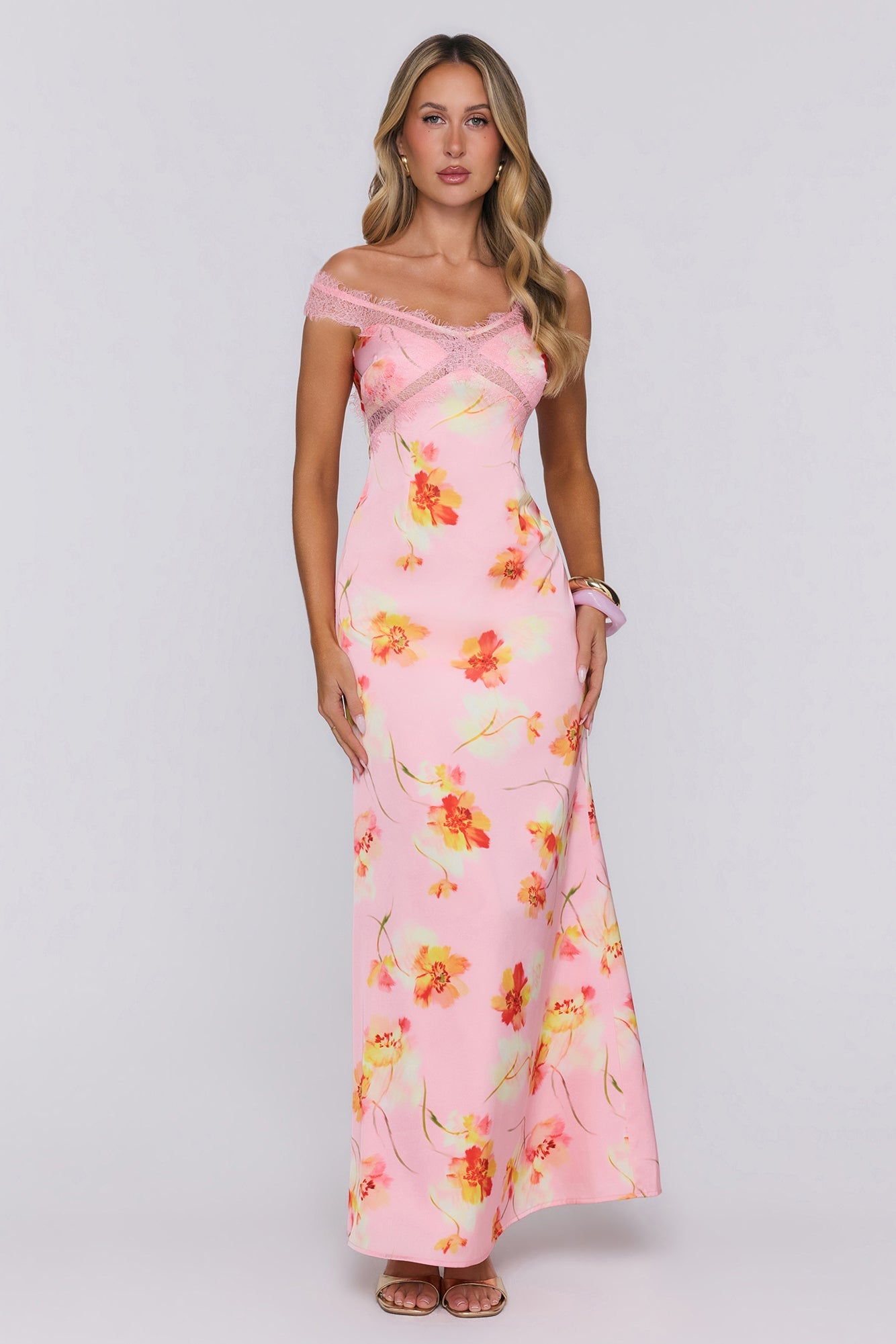 Glowique Satin Lace Maxi Dress Peach