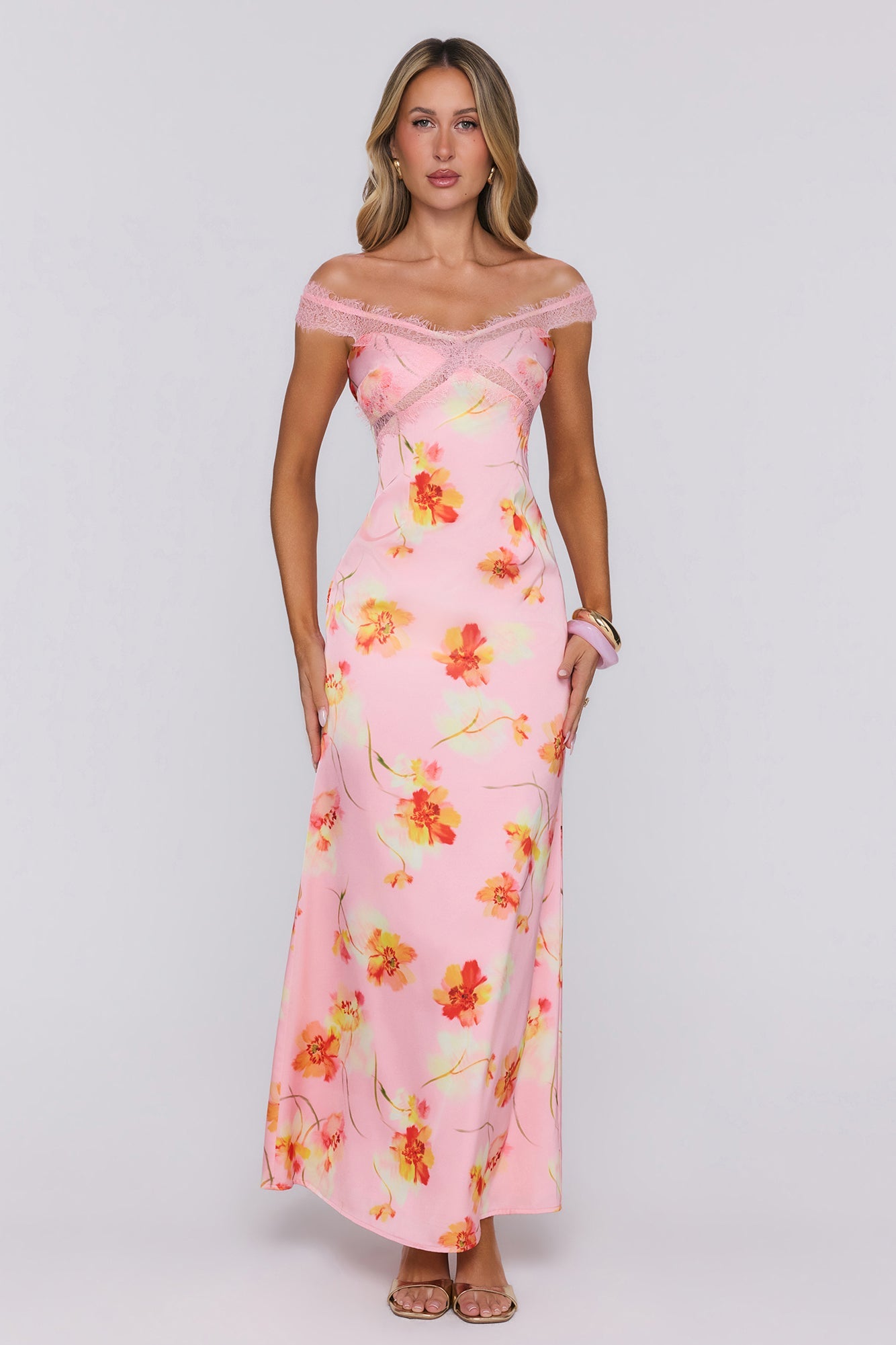 Glowique Satin Lace Maxi Dress Peach