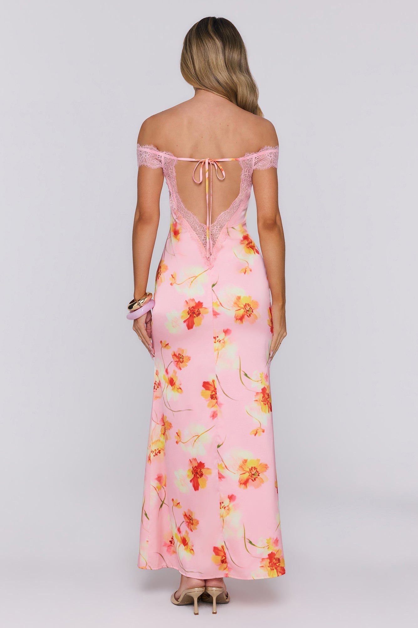 Glowique Satin Lace Maxi Dress Peach
