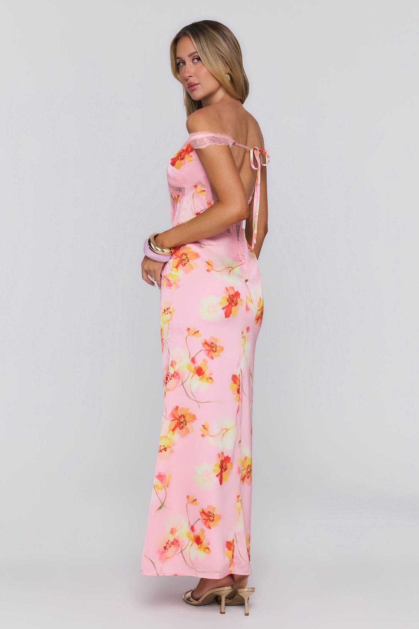 Glowique Satin Lace Maxi Dress Peach
