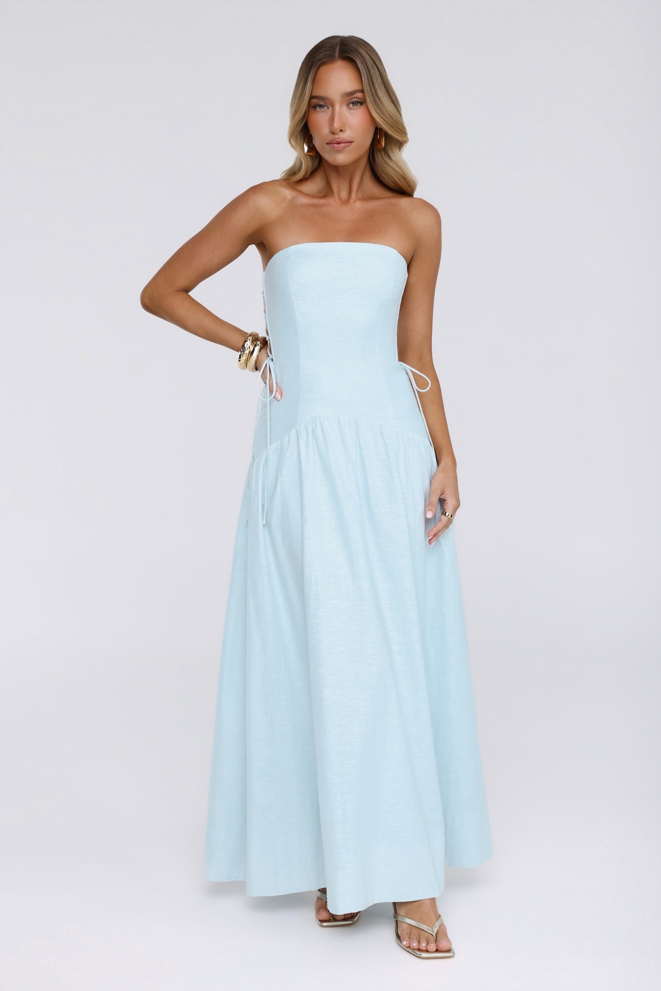 Just Feels Right Linen Blend Strapless Maxi Dress Blue