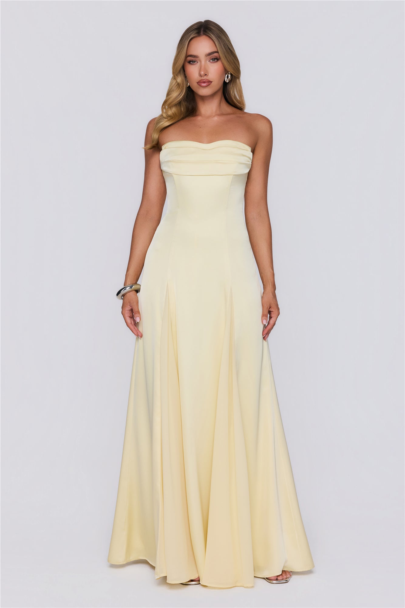 Moment Of Class Strapless Satin Maxi Dress Lemon