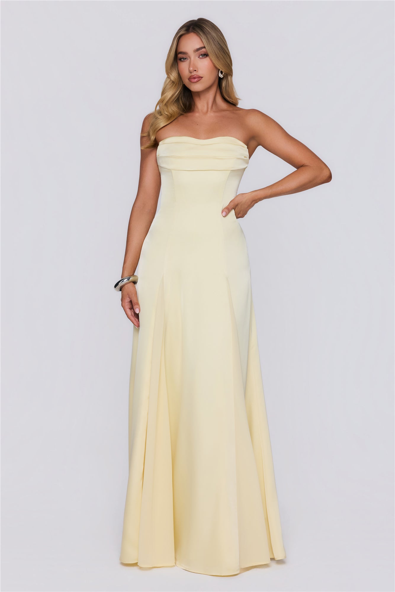 Moment Of Class Strapless Satin Maxi Dress Lemon