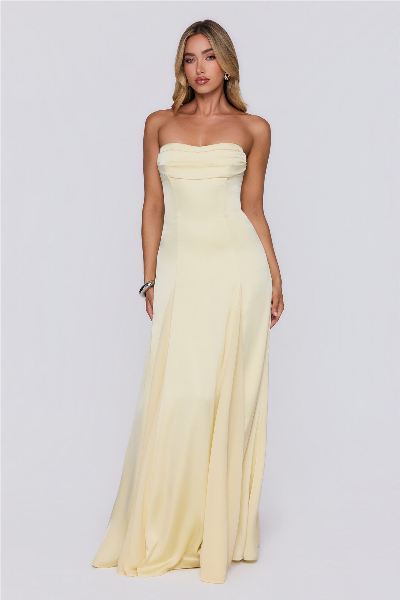 Moment Of Class Strapless Satin Maxi Dress Lemon