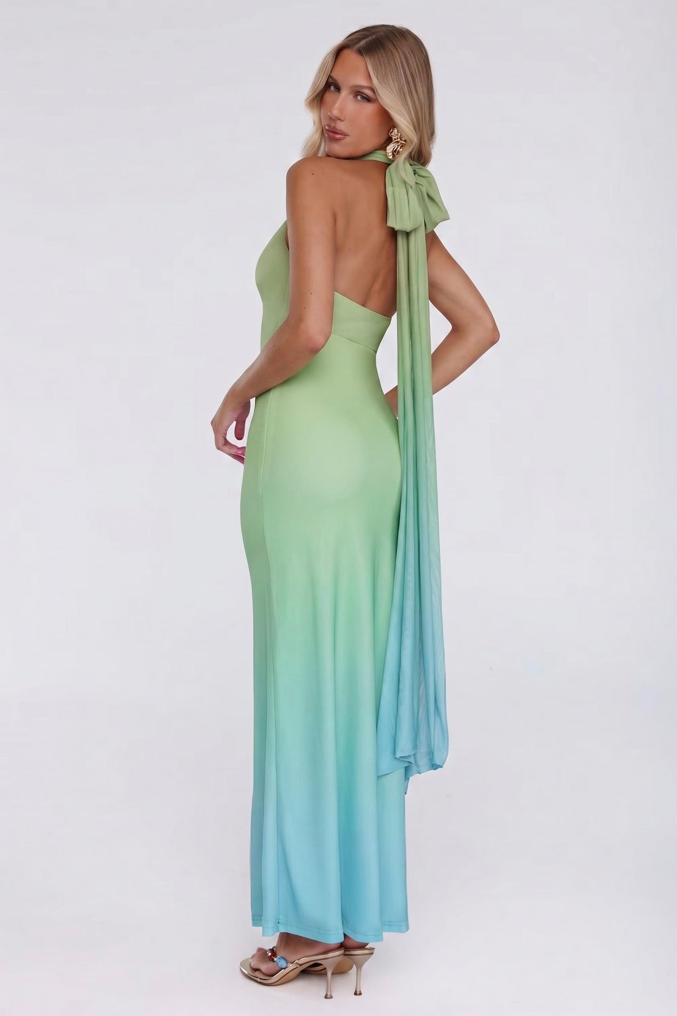 Softly Falling Mesh Halter Maxi Dress Aqua