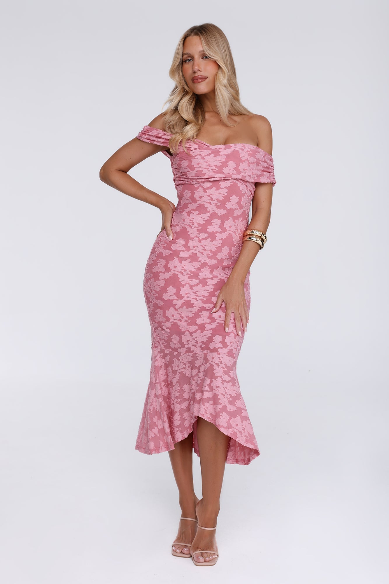 Botanical Embrace Off Shoulder Midi Dress Rose