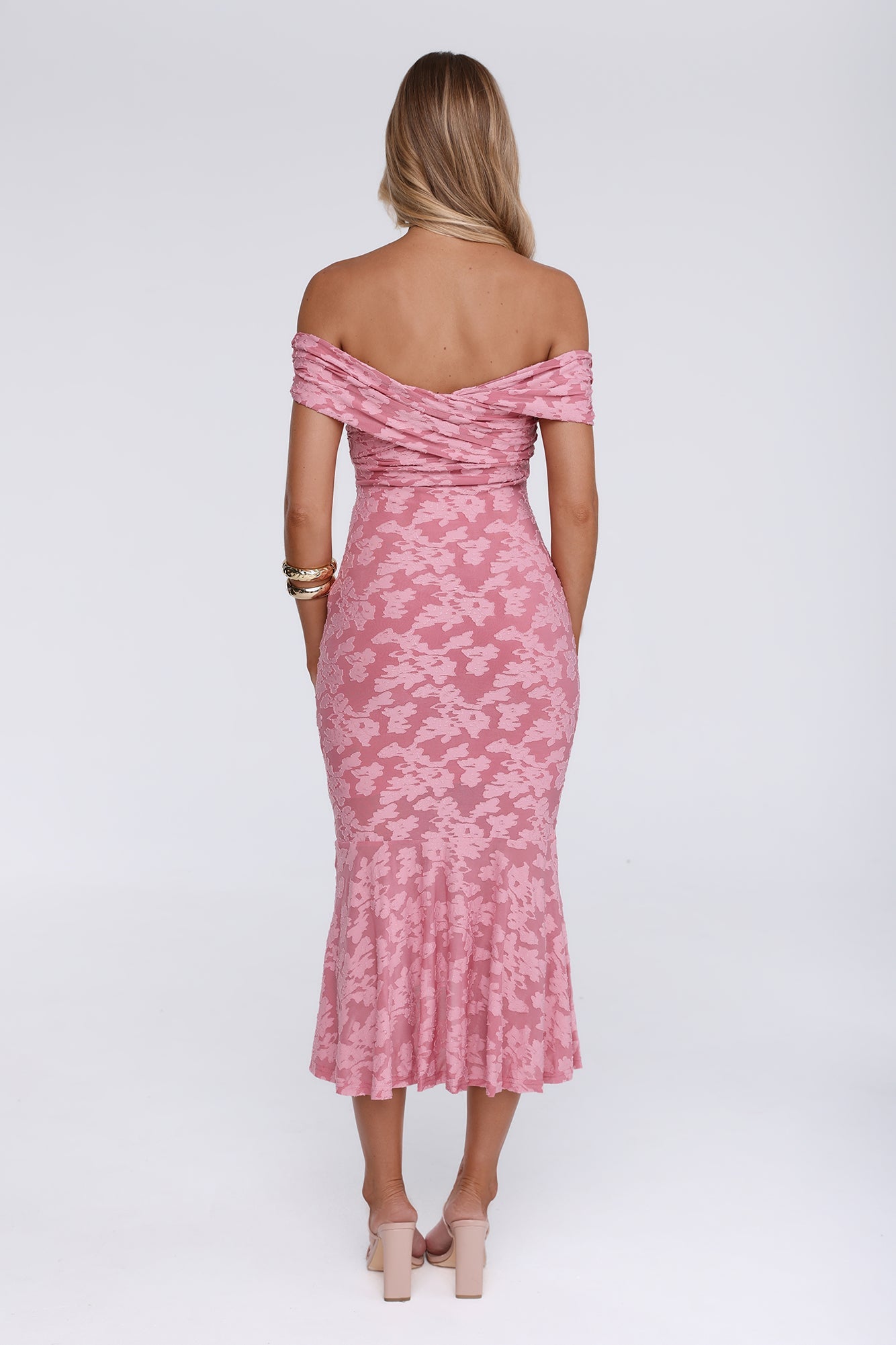 Botanical Embrace Off Shoulder Midi Dress Rose