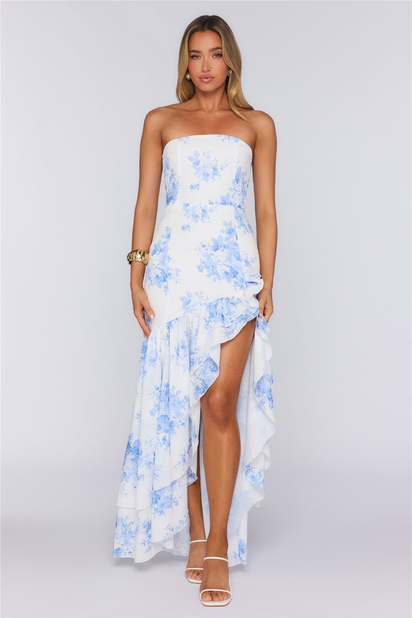 Floral Float Strapless Maxi Dress Blue