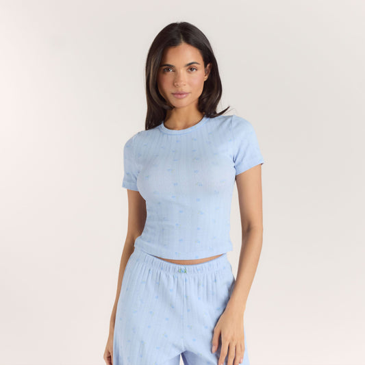 Pointelle Fitted Pyjama Top - Blue Floral