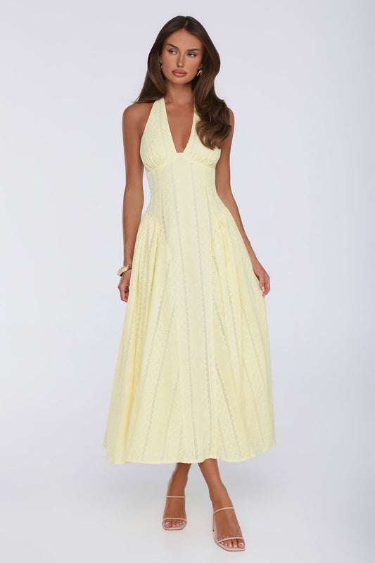 Petal Whimsy Halter Maxi Dress Lemon