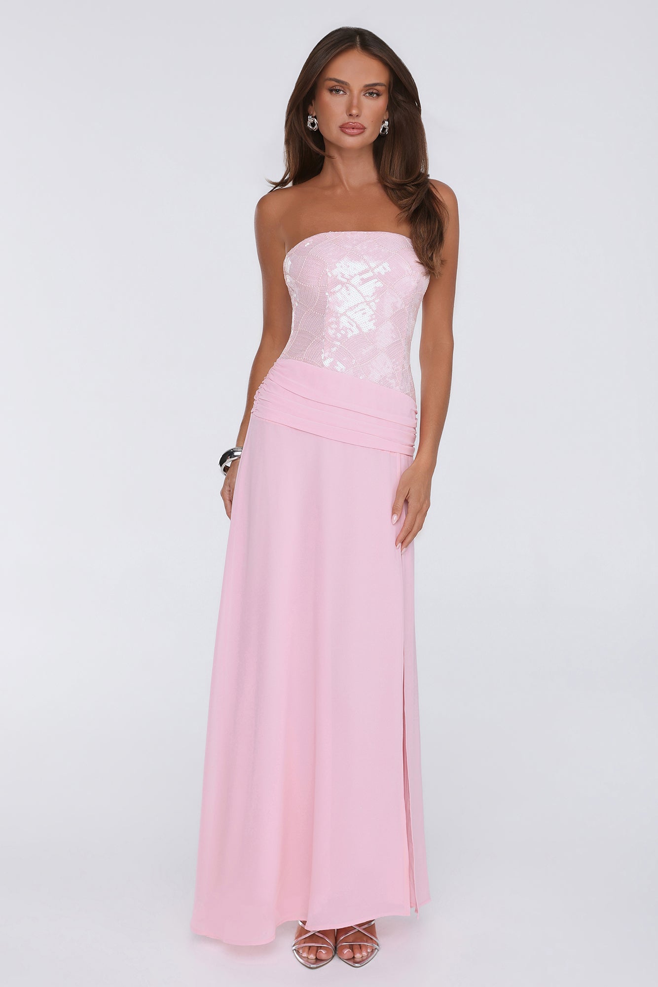 Shine Into Midnight Strapless Sequin Maxi Dress Pink