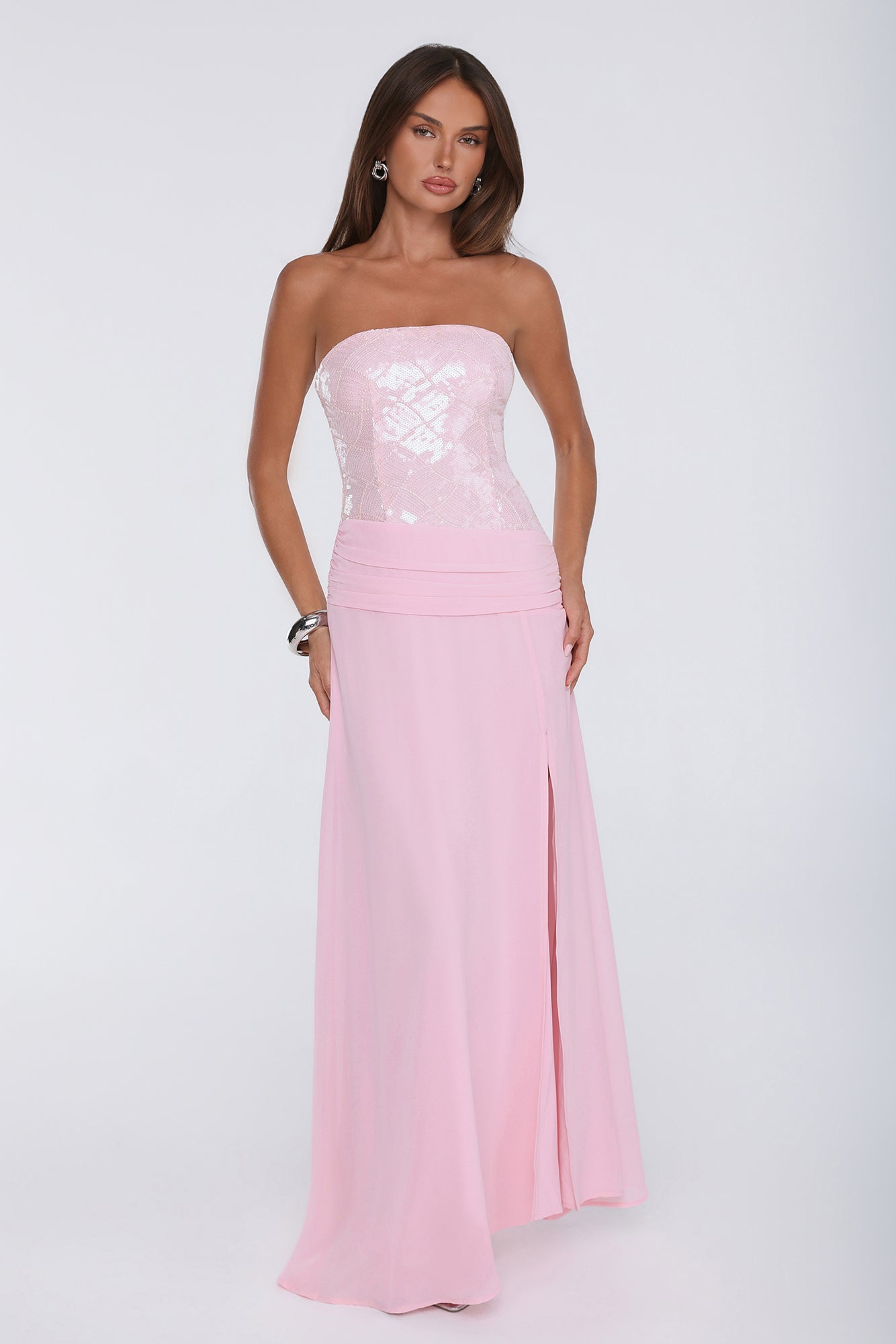 Shine Into Midnight Strapless Sequin Maxi Dress Pink