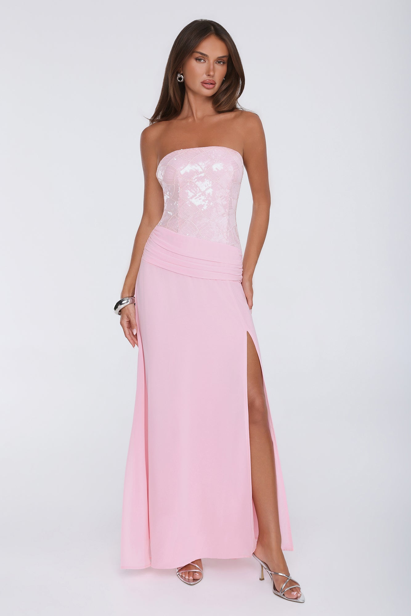 Shine Into Midnight Strapless Sequin Maxi Dress Pink