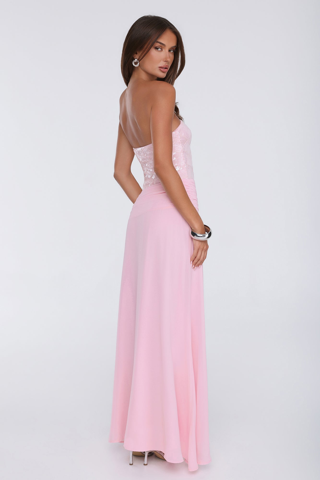 Shine Into Midnight Strapless Sequin Maxi Dress Pink